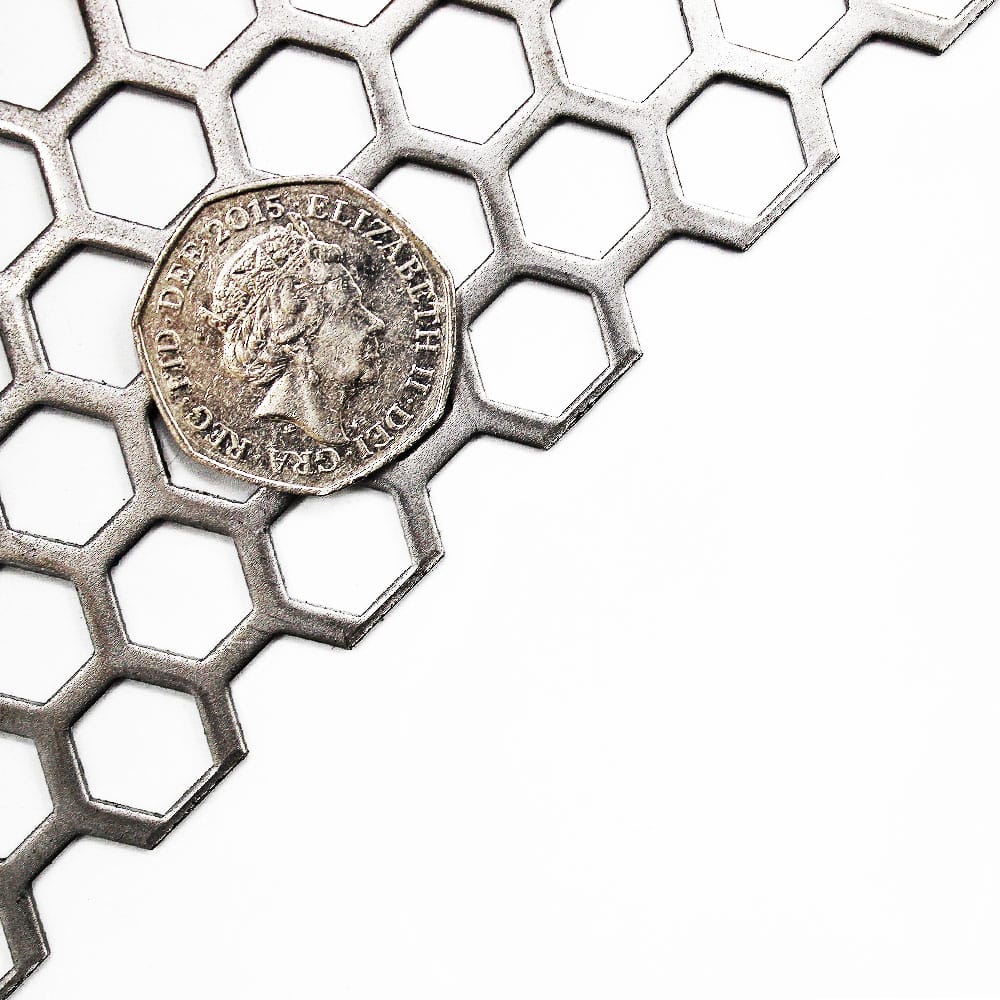 3.5mm Hexagonal Hole Galvanised Steel Perforated Decorative Mesh Panels -  4.5mm Pitch - 1mm Thick - The Mesh Company